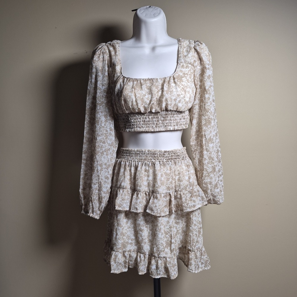Japna Womens 2 Piece‎ Set Floral Crop Top Tiered Mini Skirt Tan Cream XS
